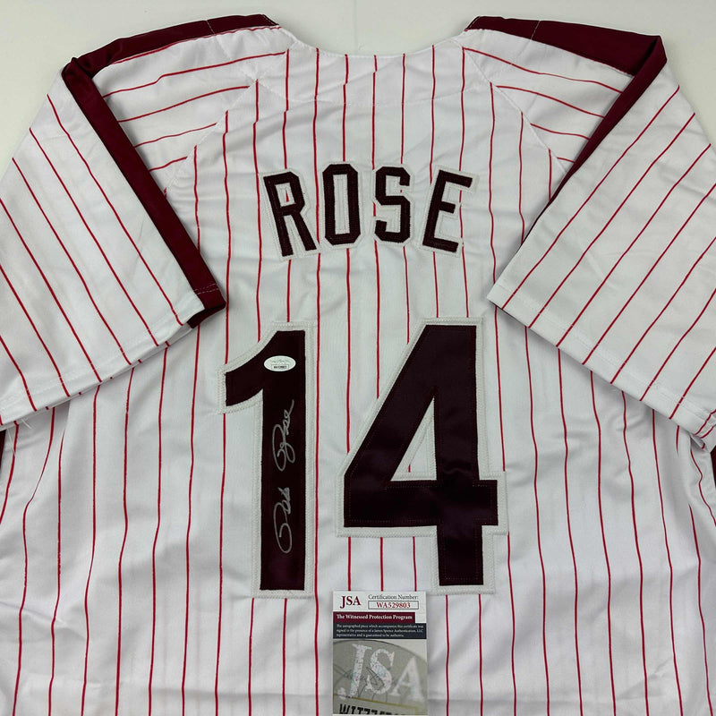 Autographed/Signed Pete Rose Philadelphia Pinstripe Baseball Jersey JSA COA