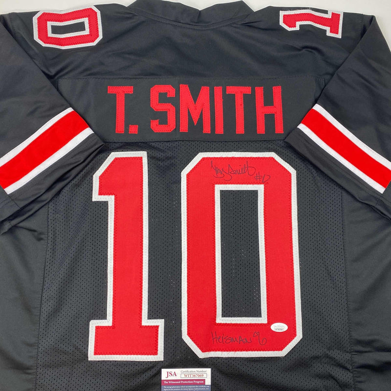 Autographed/Signed Troy Smith Heisman 06 Ohio State Black College Football Jersey JSA COA