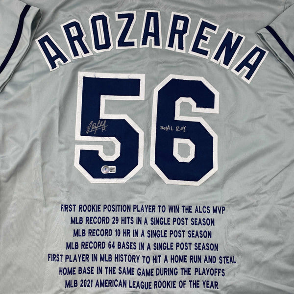 Autographed/Signed Randy Arozarena Tampa Bay Grey Stat Baseball Jersey Beckett BAS COA