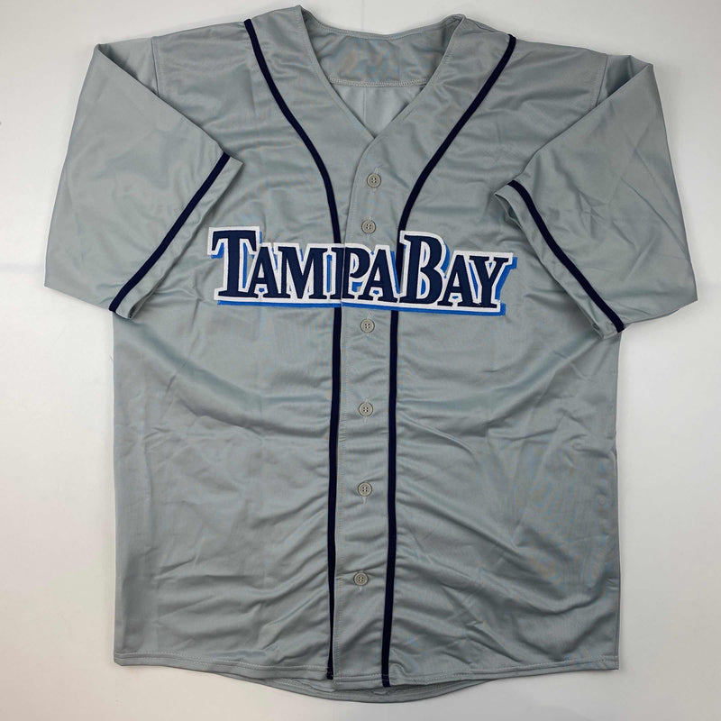 Autographed/Signed Randy Arozarena Tampa Bay Grey Stat Baseball Jersey Beckett BAS COA