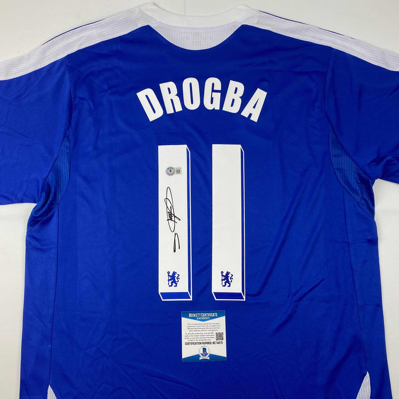 Autographed/Signed Didier Drogba Chelsea FC Blue Soccer Futbol Jersey Beckett BAS COA
