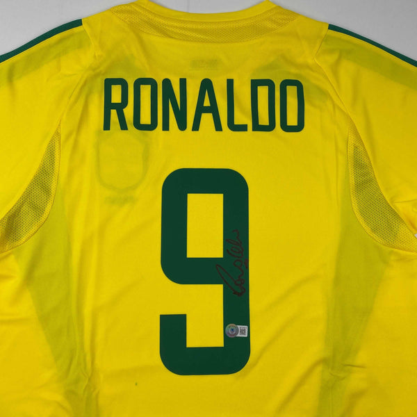 Autographed/Signed Ronaldo Nazario Brazil Yellow Soccer Jersey Beckett BAS COA