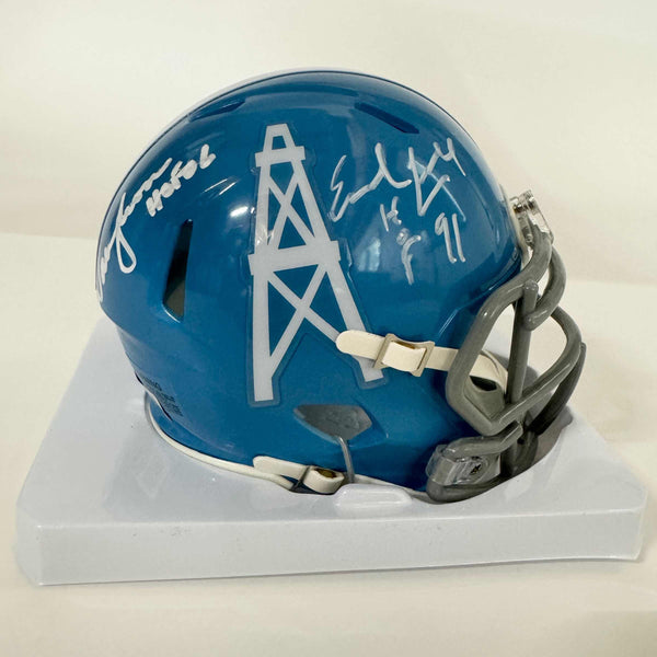 Autographed/Signed Earl Campbell & Warren Moon "HOF 91" & "HOF 06" Houston Oilers Mini Football Helmet Beckett BAS COA