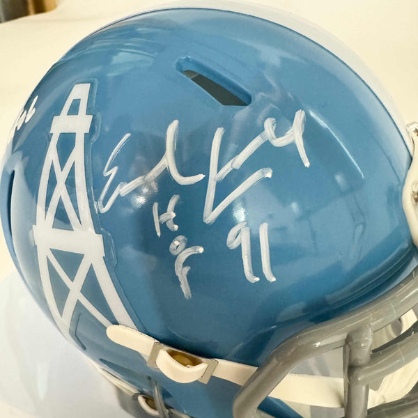 Autographed/Signed Earl Campbell & Warren Moon "HOF 91" & "HOF 06" Houston Oilers Mini Football Helmet Beckett BAS COA