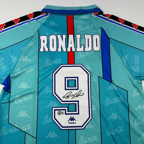 Autographed/Signed Ronaldo Nazario FC Barcelona 1996-97 Teal Soccer Jersey Beckett BAS COA