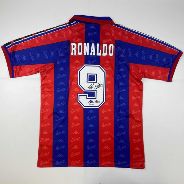 Autographed/Signed Ronaldo Nazario FC Barcelona Red/Blue Soccer Jersey Beckett BAS COA