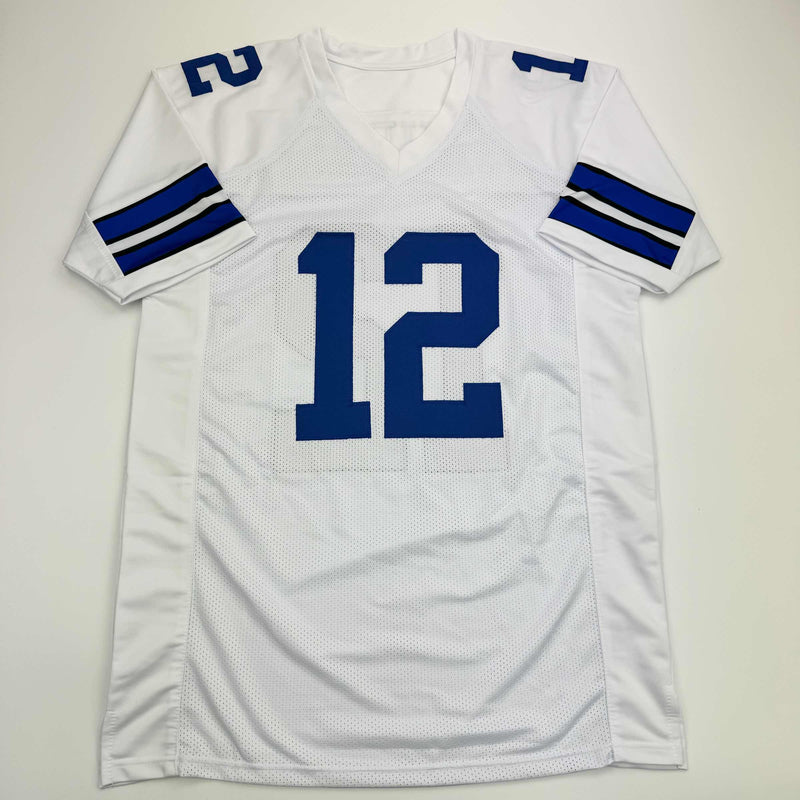 Autographed/Signed Roger Staubach Dallas White Football Jersey Beckett BAS COA