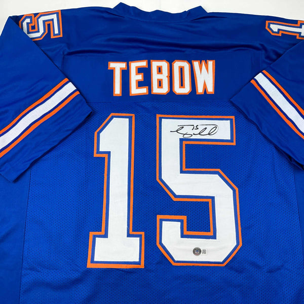 Autographed/Signed Tim Tebow Florida Blue College Football Jersey Beckett BAS COA