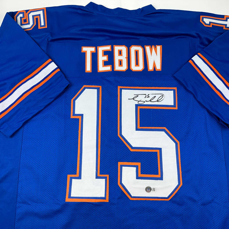 Autographed/Signed Tim Tebow Florida Blue College Football Jersey Beckett BAS COA