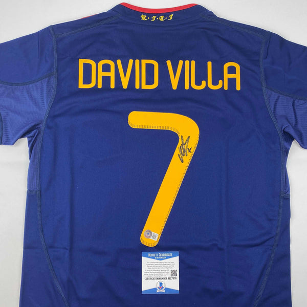 Autographed/Signed David Villa Spain Blue World Cup Soccer Jersey Beckett BAS COA