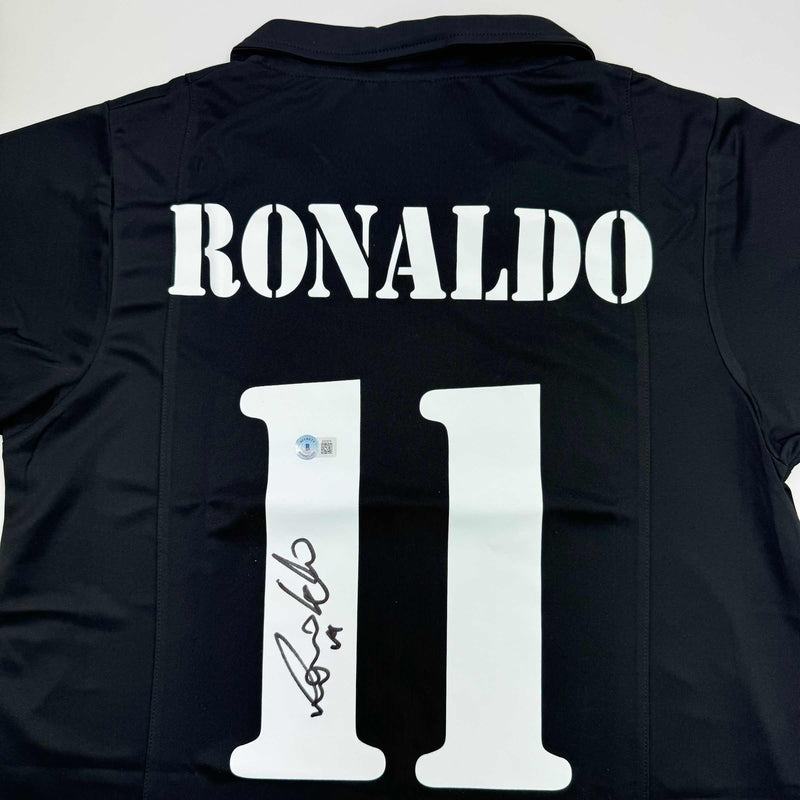 Autographed/Signed Ronaldo Nazario Real Madrid Black Soccer Jersey Beckett BAS COA
