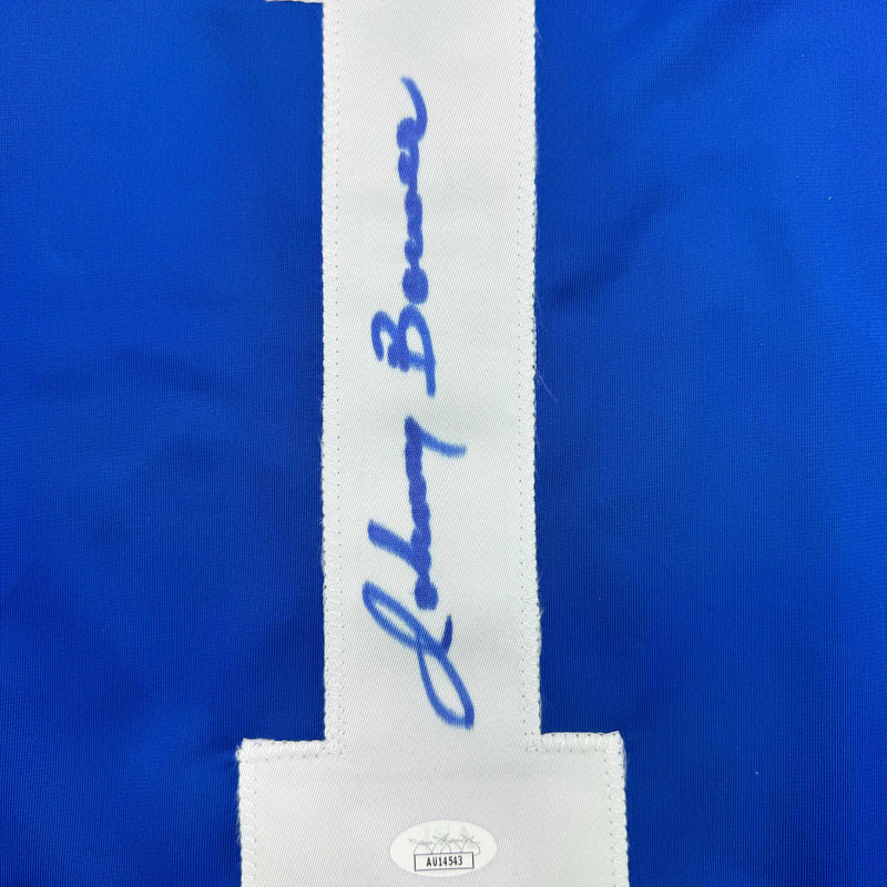 Autographed/Signed Johnny Bower Toronto Blue Hockey Jersey JSA COA