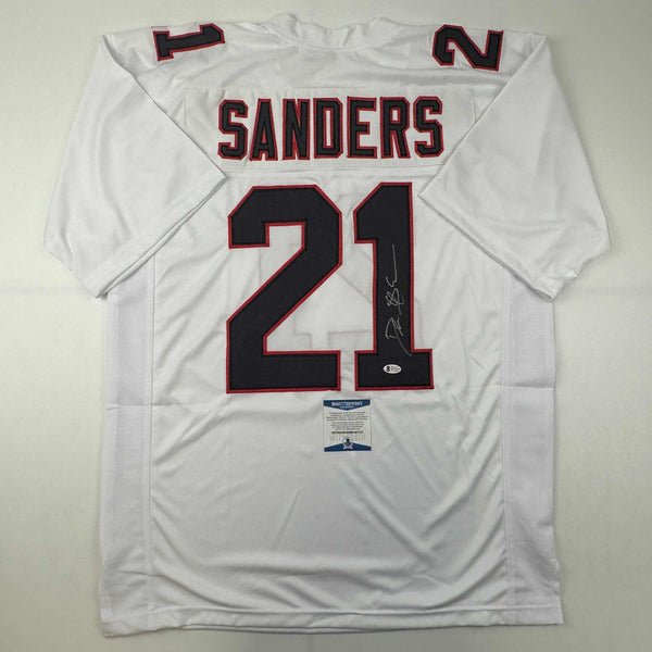 Autographed/Signed Deion Sanders Atlanta White Football Jersey Beckett BAS COA