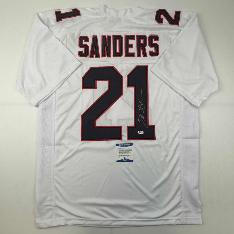Autographed/Signed Deion Sanders Atlanta White Football Jersey Beckett BAS COA
