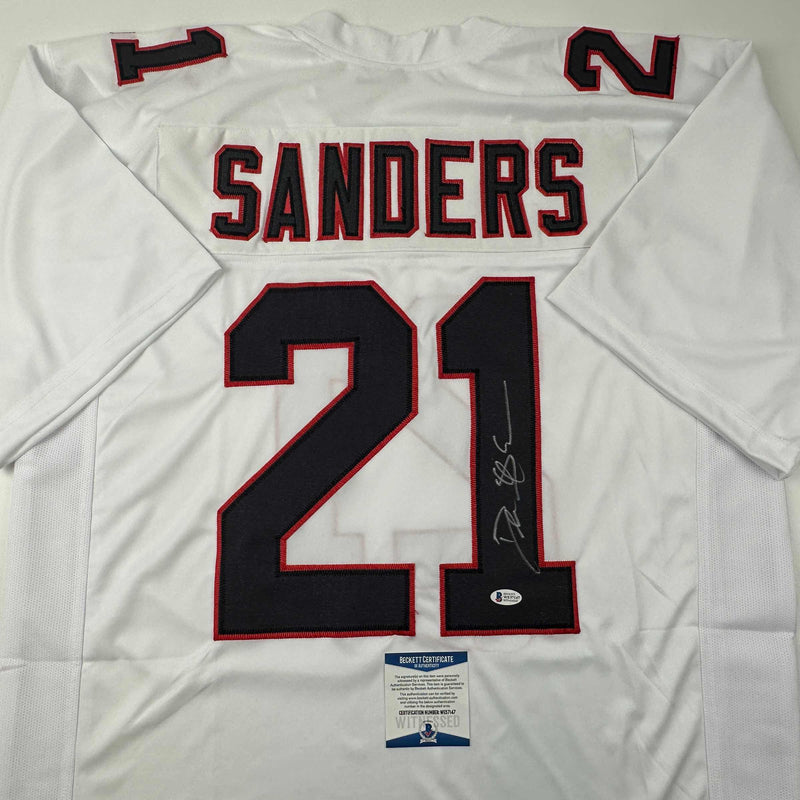 Autographed/Signed Deion Sanders Atlanta White Football Jersey Beckett BAS COA