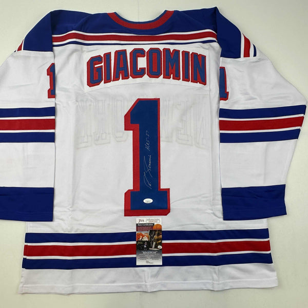 Autographed/Signed Eddie Giacomin HOF 87 New York White Hockey Jersey JSA COA