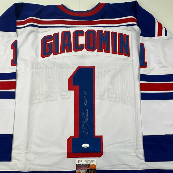 Autographed/Signed Eddie Giacomin HOF 87 New York White Hockey Jersey JSA COA