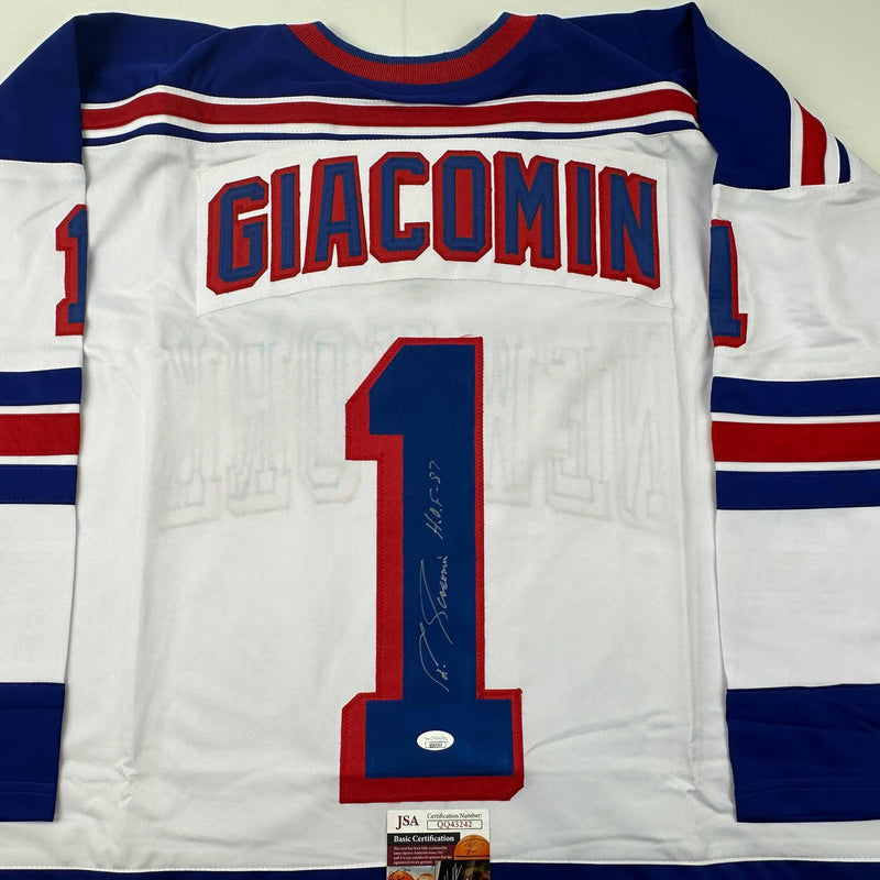 Autographed/Signed Eddie Giacomin HOF 87 New York White Hockey Jersey JSA COA