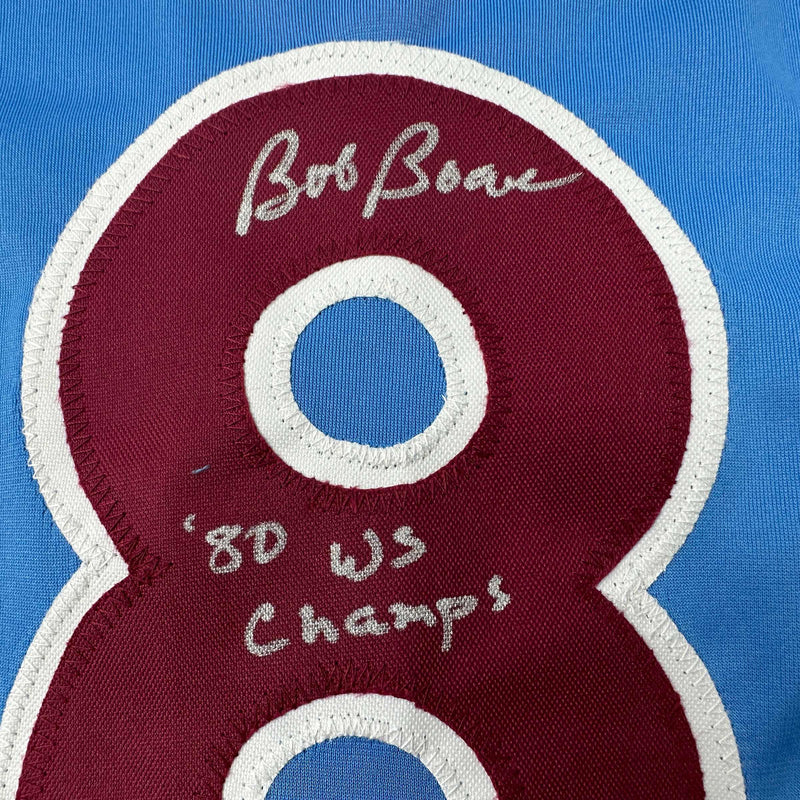Autographed/Signed Bob Boone 80 WS Champs Philadelphia Retro Blue Baseball Jersey JSA COA