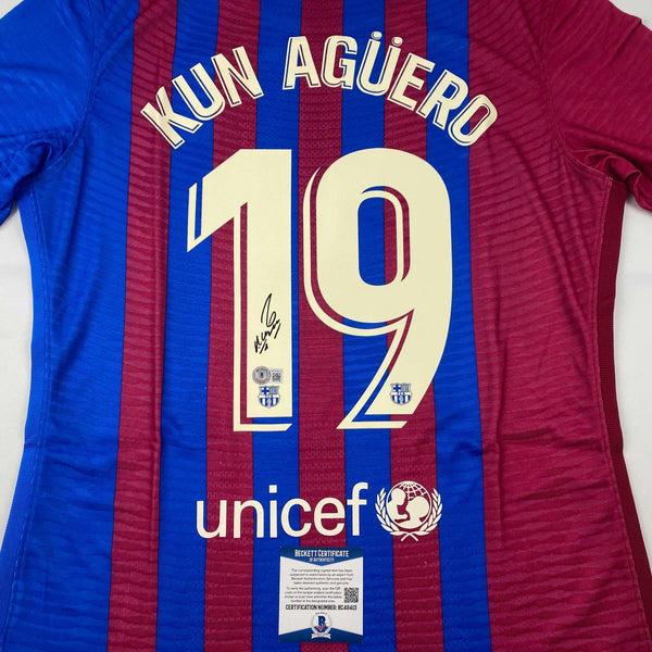 Autographed/Signed Sergio Kun Aguero FC Barcelona Red/Blue Soccer Futbol Jersey Beckett BAS COA