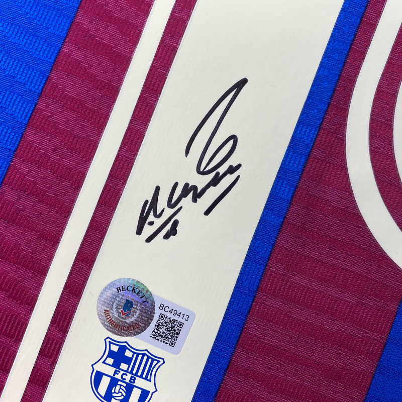 Autographed/Signed Sergio Kun Aguero FC Barcelona Red/Blue Soccer Futbol Jersey Beckett BAS COA