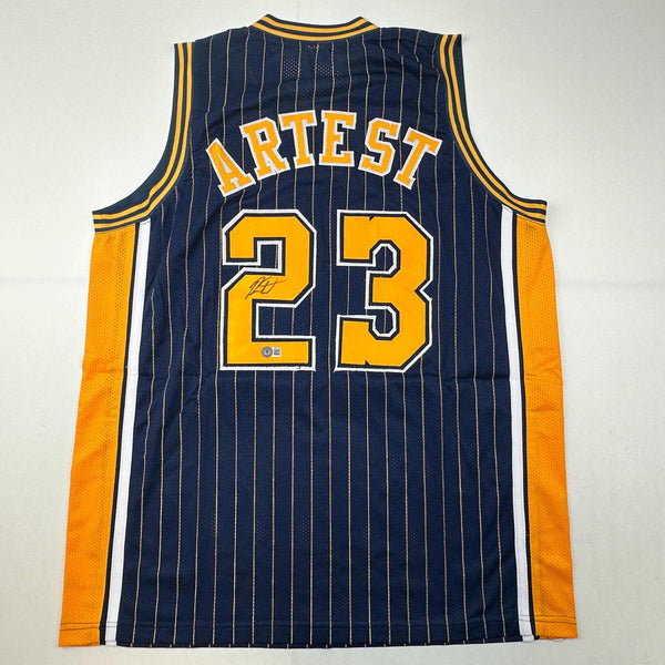 Autographed/Signed Ron Artest Metta World Peace Indiana Blue Pinstripe #23 Basketball Jersey Beckett BAS COA