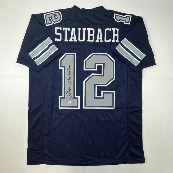 Autographed/Signed Roger Staubach Dallas Blue Football Jersey Beckett BAS COA