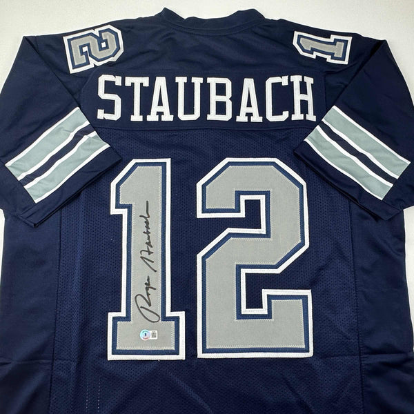 Autographed/Signed Roger Staubach Dallas Blue Football Jersey Beckett BAS COA