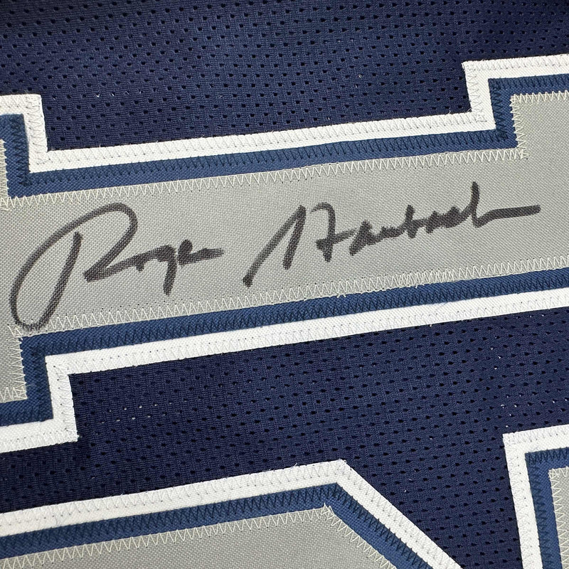 Autographed/Signed Roger Staubach Dallas Blue Football Jersey Beckett BAS COA