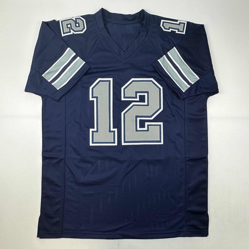 Autographed/Signed Roger Staubach Dallas Blue Football Jersey Beckett BAS COA