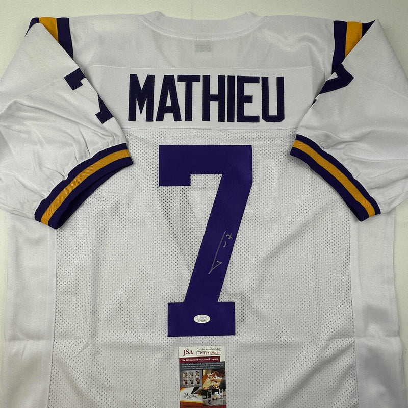 Autographed/Signed Tyrann Mathieu LSU White College Football Jersey JSA COA