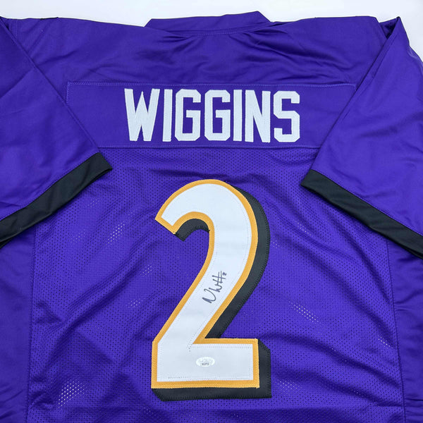 Autographed/Signed Nate Wiggins Baltimore Purple Football Jersey JSA COA