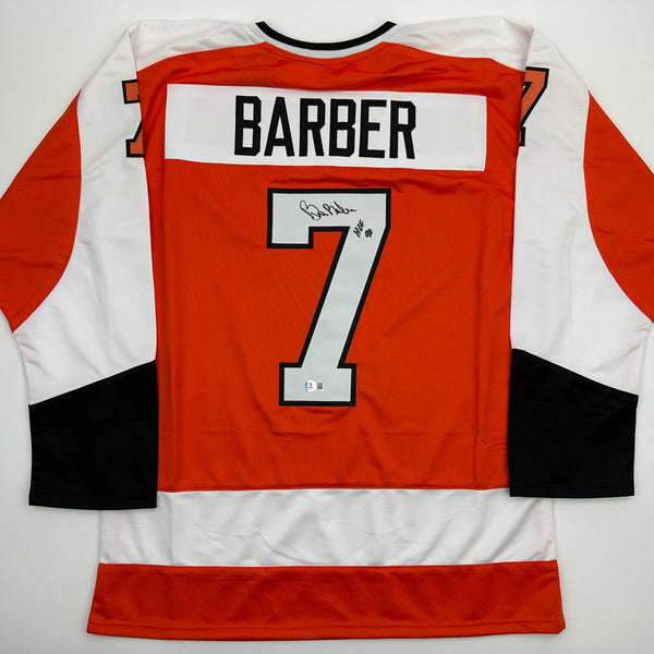 Autographed/Signed Bill Barber HOF 90 Philadelphia Orange Hockey Jersey Beckett BAS COA