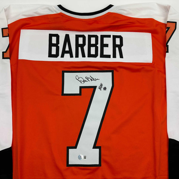 Autographed/Signed Bill Barber HOF 90 Philadelphia Orange Hockey Jersey Beckett BAS COA