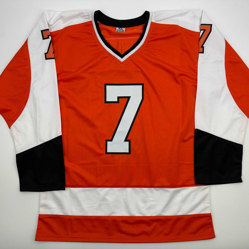 Autographed/Signed Bill Barber HOF 90 Philadelphia Orange Hockey Jersey Beckett BAS COA
