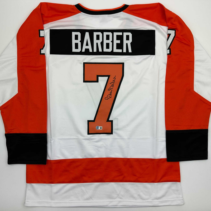 Autographed/Signed Bill Barber Philadelphia White Hockey Jersey Beckett BAS COA