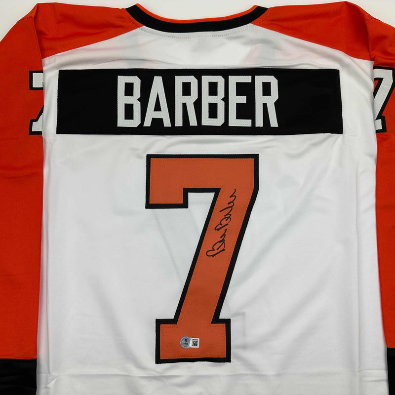 Autographed/Signed Bill Barber Philadelphia White Hockey Jersey Beckett BAS COA