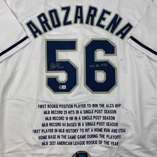 Autographed/Signed Randy Arozarena Tampa Bay White Stat Baseball Jersey Beckett BAS COA