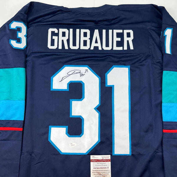 Autographed/Signed Philipp Grubauer Seattle Blue Hockey Jersey JSA COA