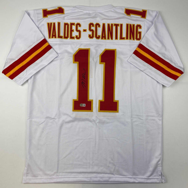 Autographed/Signed Marquez Valdes-Scantling Kansas City White Football Jersey Beckett BAS COA
