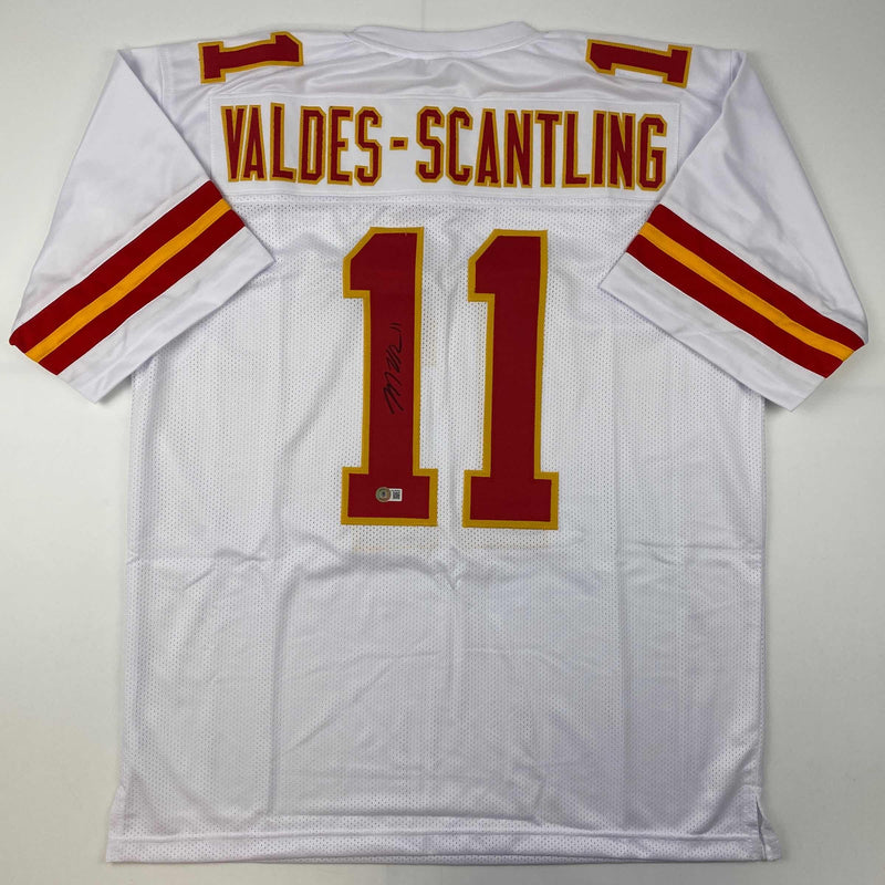 Autographed/Signed Marquez Valdes-Scantling Kansas City White Football Jersey Beckett BAS COA