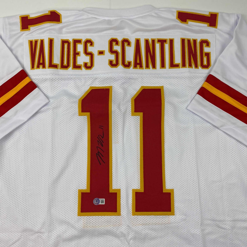 Autographed/Signed Marquez Valdes-Scantling Kansas City White Football Jersey Beckett BAS COA