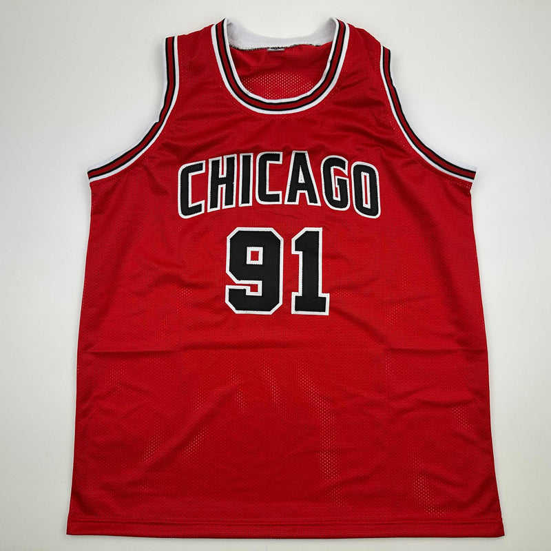 Autographed/Signed Dennis Rodman Chicago Red Basketball Jersey Beckett BAS COA