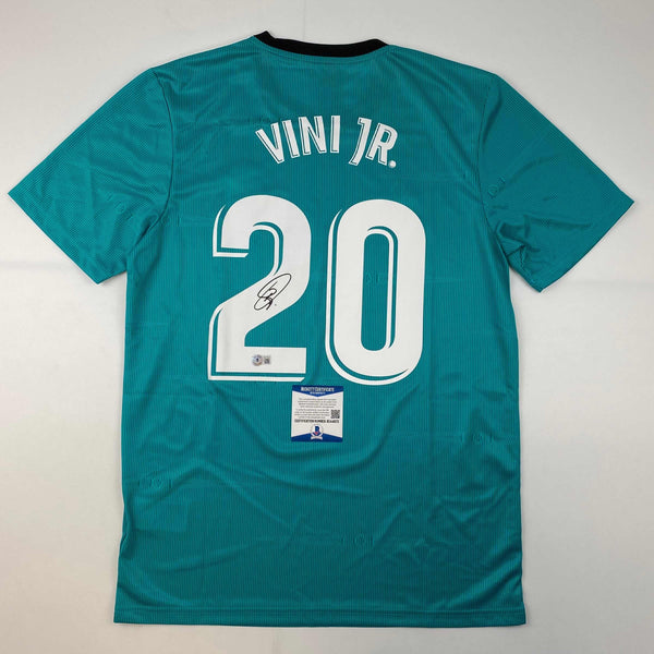 Autographed/Signed Vini Vinicius Jr. Real Madrid Teal Soccer Jersey Beckett BAS COA