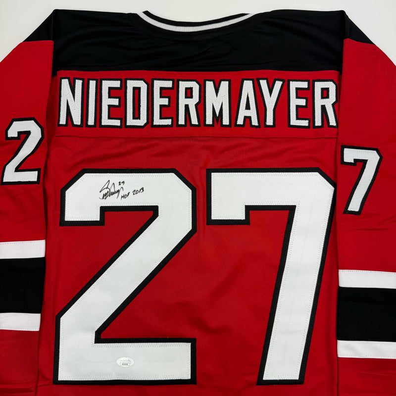Autographed/Signed Scott Niedermayer "HOF 2013" New Jersey Red Hockey Jersey JSA COA