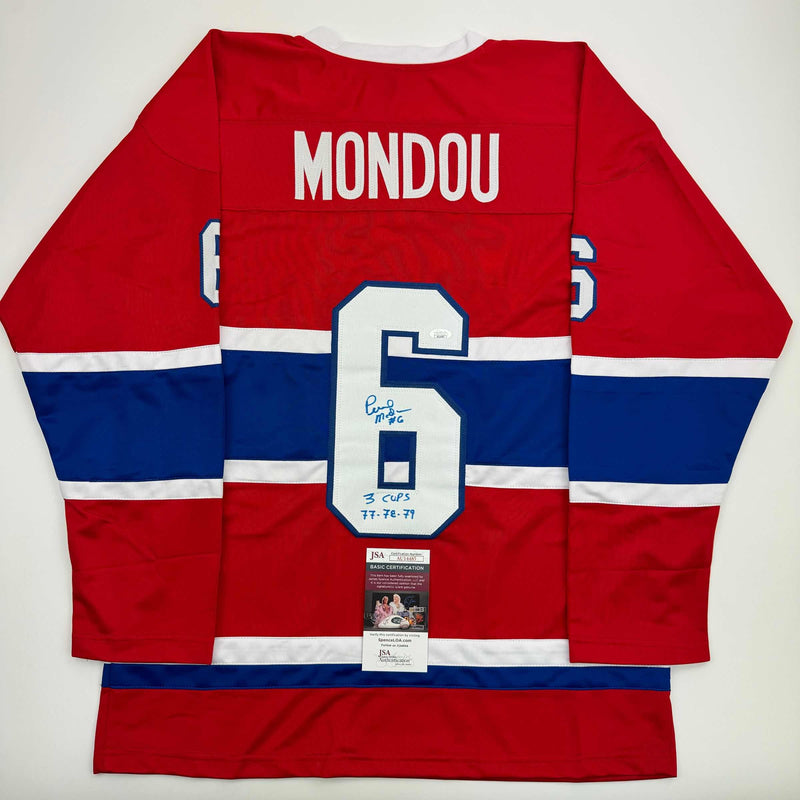 Autographed/Signed Pierre Mondou "3 Cups 77-78-79" Montreal Red Hockey Jersey JSA COA