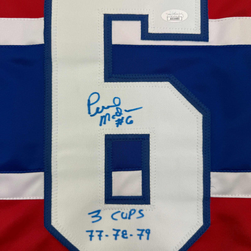 Autographed/Signed Pierre Mondou "3 Cups 77-78-79" Montreal Red Hockey Jersey JSA COA