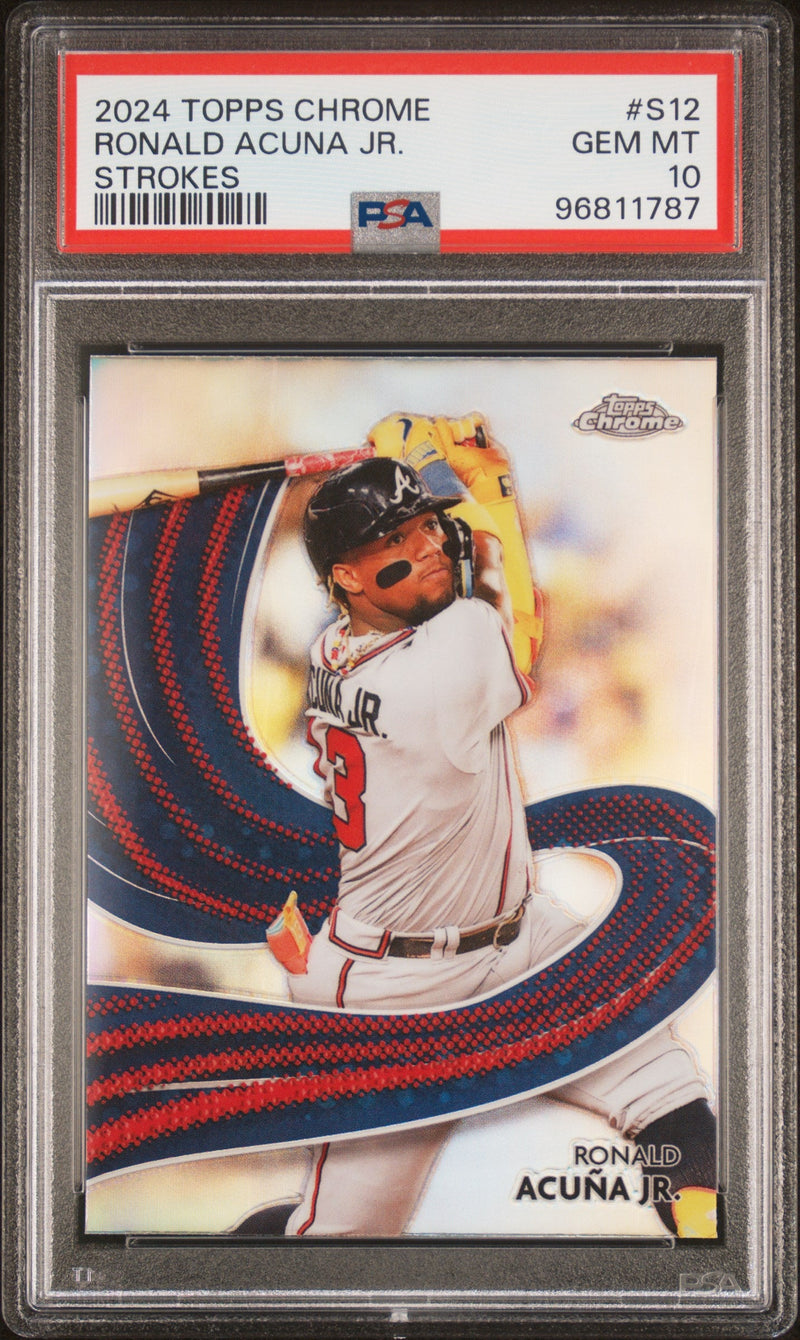 Graded 2024 Topps Chrome Ronald Acuna Jr. #S12 Strokes Baseball Card PSA 10 Gem Mint