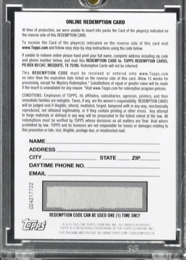 2025 Topps Now Ace Bailey #D5 Red Auto Redemption /5 Utah Jazz Rookie RC Basketball Card