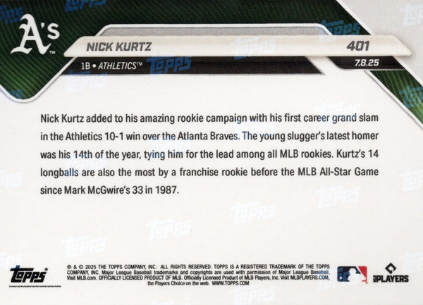2025 Topps Now Nick Kurtz #401 Black Foil /10 Athletics Rookie RC Baseball Card